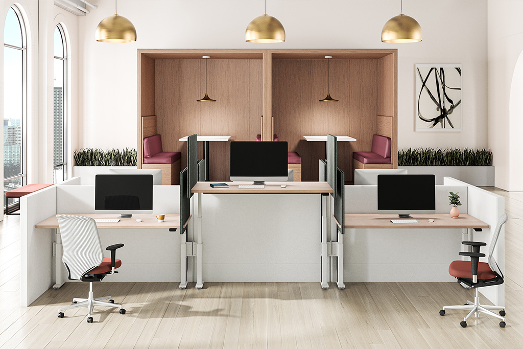 S-Collection Panel Mount Workstation with Mesa Slide Dividers in open office environment.