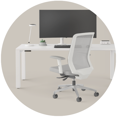 360 workspace featuring Elle Workstation, 7500 Monitor Arm, Senko Task Light, Wireless Power Module and Iku Task Chair.