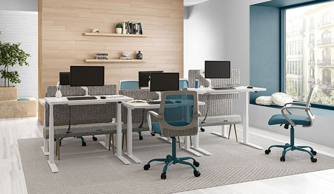 S Collection height adjustable desk with Envoy monitor arm, Aura dividers, and Ivy power & data beam S Collection height adjustable desk with Envoy monitor arm, Aura dividers, and Ivy power & data beam